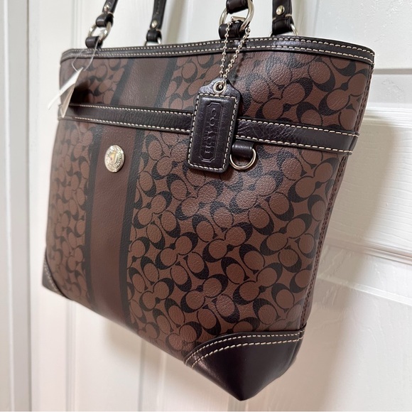 Coach Chelsea Heritage Stripe Signature Coated Canvas Leather Tote Vintage NWT - Picture 4 of 15